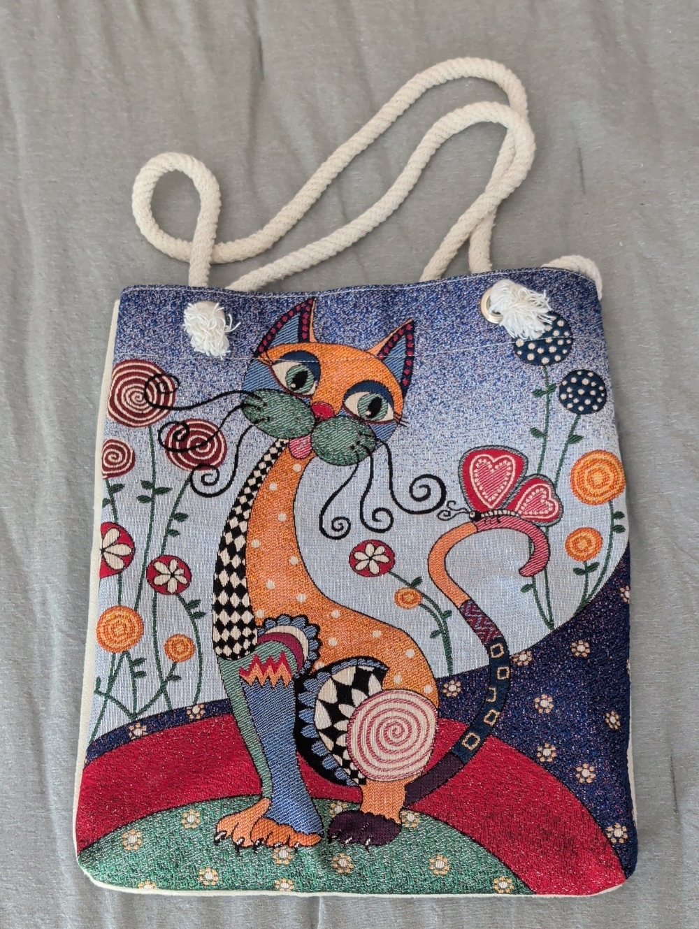 Abstract Geometric Cat Tapestry Tote Bag with Rope Handles - White/Multicolor